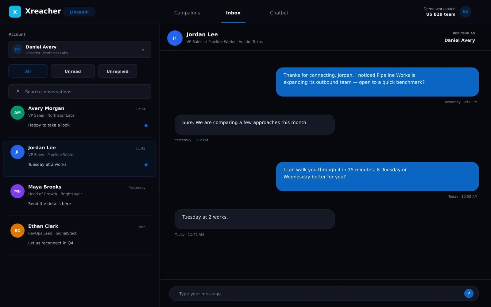Xreacher LinkedIn inbox with fictional B2B prospect conversations, reply-state filters, message thread, and composer