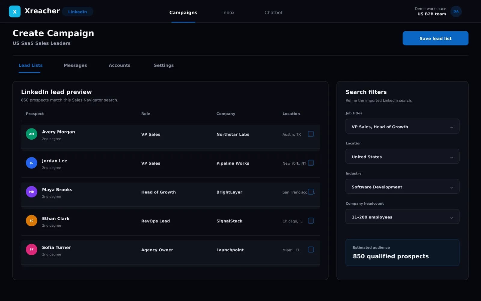 Xreacher LinkedIn lead preview with fictional US B2B prospects, role and company details, and search filters