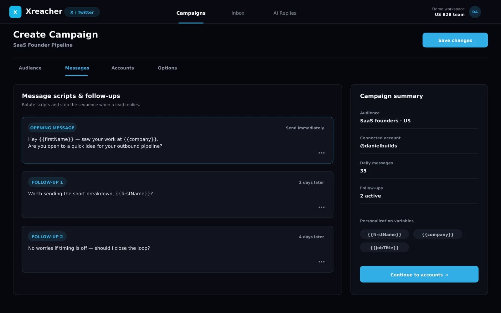 Xreacher X campaign message sequence with a fictional opener, follow-ups, personalization variables, and campaign settings