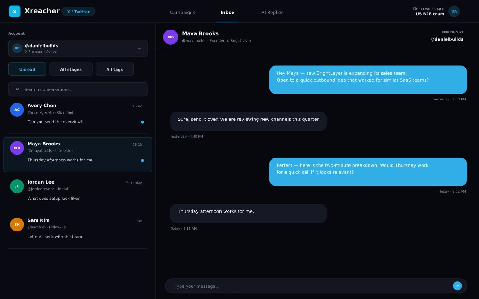 Xreacher X unified inbox with fictional prospect conversations, stage filters, replies, and message composer